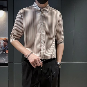 夏季男士衬衫修身中袖七分袖休闲发型师条纹衬衣个性上衣 C3033图片