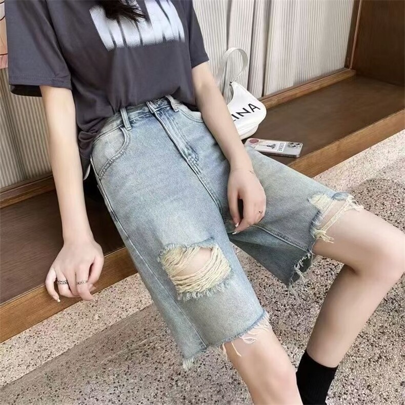 五分牛仔短裤女夏季新款高腰破洞宽松复古显瘦显高学生阔腿裤中裤图片
