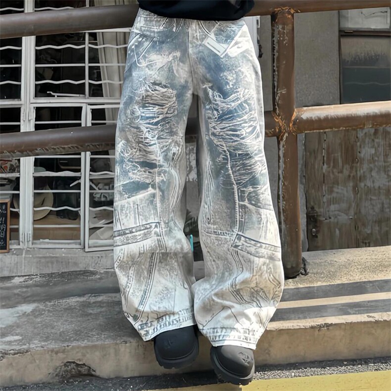 美式水洗3D印花设计牛仔裤男秋季复古百搭宽松直筒拖地裤子潮,男装牛仔裤,星座506A