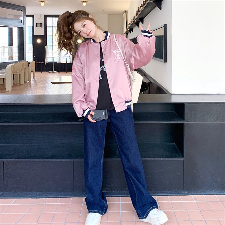 粉色蝴蝶结立领棒球服外套女2025年春秋季韩系学院风显瘦夹克上衣,女装短外套,2C198