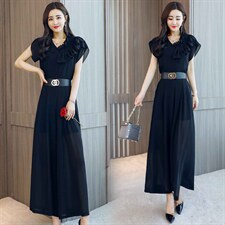 2022年夏季韩版时尚不规则花边拼接上衣+显高阔腿裤两件套，女装套装/套裙，火爆靓佳人