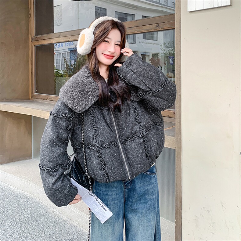 灰色羊羔毛翻领烫钻羽绒服女2025年冬季小个子加厚保暖白鸭绒外套,女装羽绒服,2C110