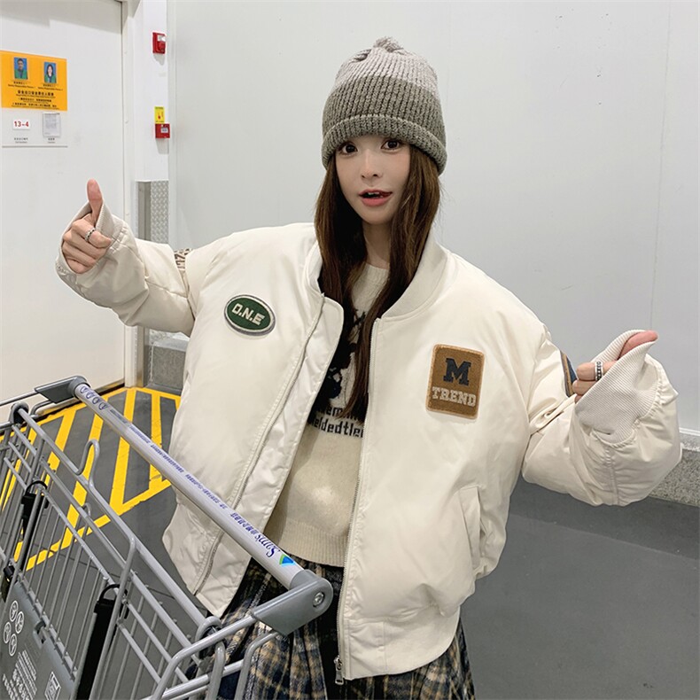 米白色拼接棒球羽绒服2025新款女秋冬韩系小个子加厚90绒短款外套图片