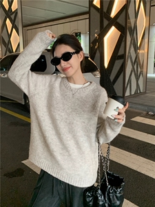 秋季新款纯色针织衫长袖套头上衣女休闲风图片