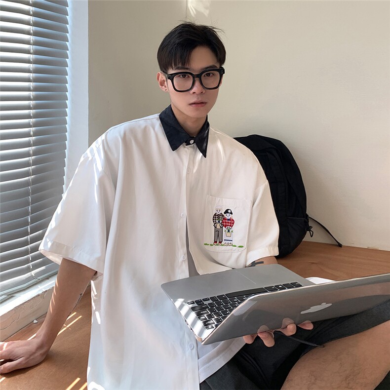 冰丝衬衫夏季学院风男女港风ins潮流学生情侣装短袖,男装衬衫,电商C306-1