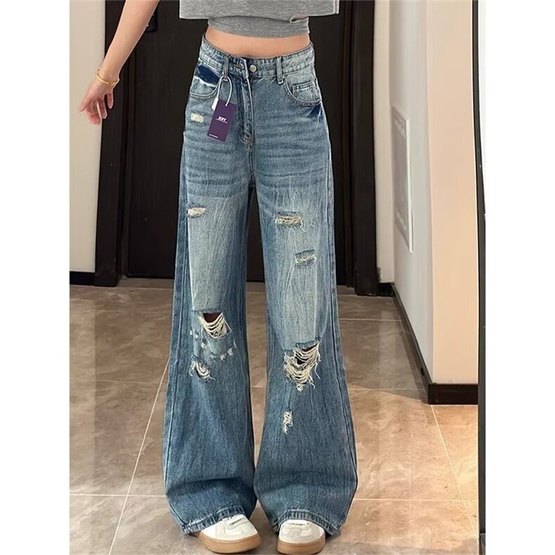 美式复古破洞阔腿牛仔裤女2025新款夏季高腰显瘦宽松直筒拖地裤子,男装牛仔裤,星座1210-1