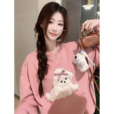 慵懒风无帽长袖毛绒小狗卫衣外套女装秋冬季减龄宽松加绒加厚上衣，男装针织衫/毛衣，星座506A