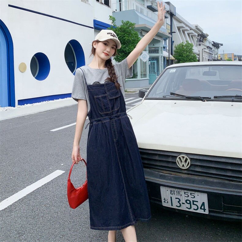 48H发现货时髦气质牛仔背带裤两件套套裙，女装套装/套裙，MQ