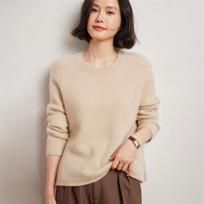 时尚百搭女圆领套衫优雅显瘦下摆开叉设计品质10%材质,女装羊绒衫,臻维羊绒