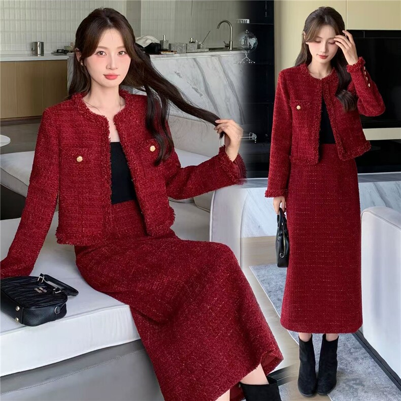 225冬装新款气质小香范粗毛呢套装，女装套装/套裙，曼琳思菲