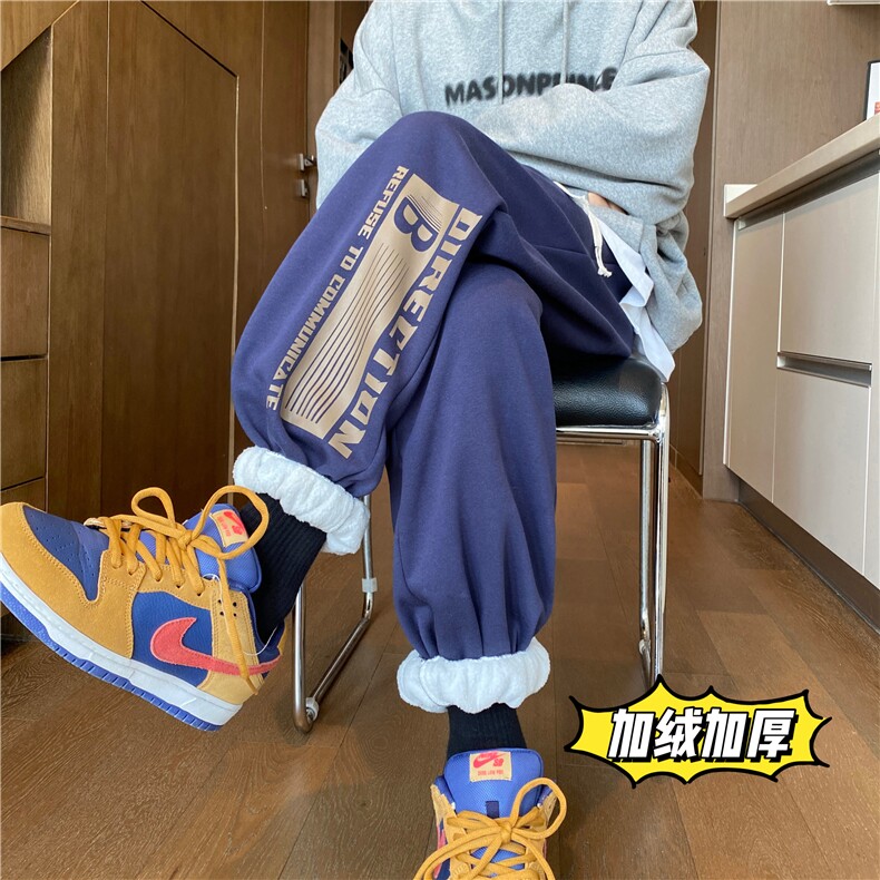港风冬季新款潮流印花加绒宽松束脚卫裤B315-K23506-p65控78,男装休闲裤,电商B315