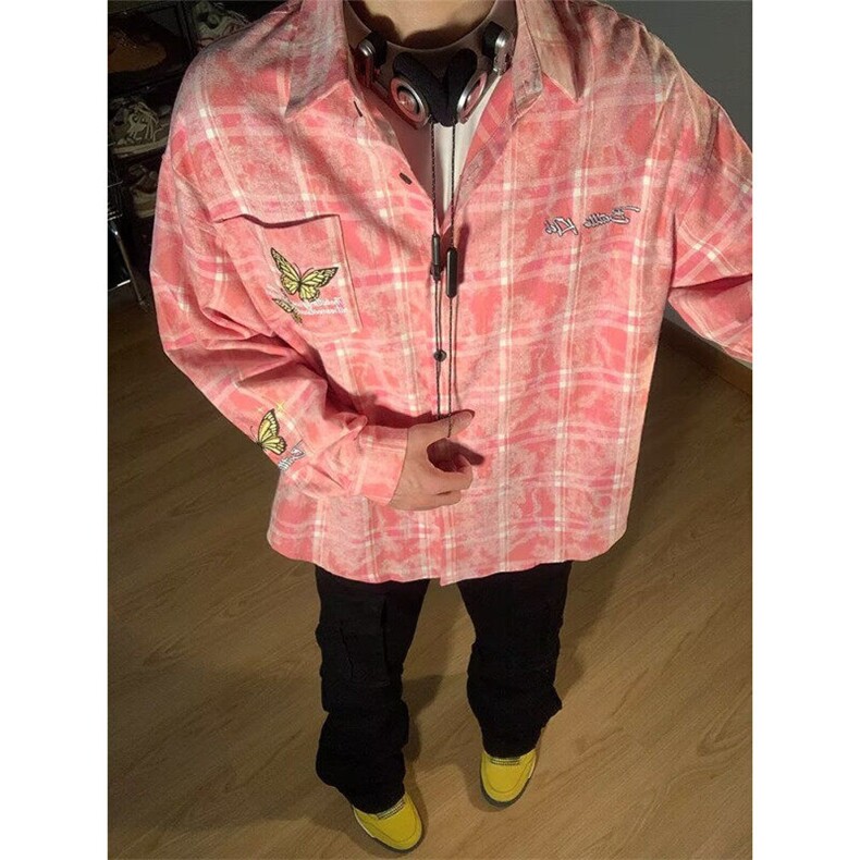 DB252-P55美式蝴蝶刺绣格子衬衫长袖男女宽松情侣衬衣-网图现货,男装衬衫,星座603-2