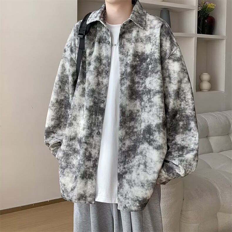 3007-P432025美式复古扎染衬衫男生宽松大码衬衣外套男春潮,男装衬衫,电商B323A