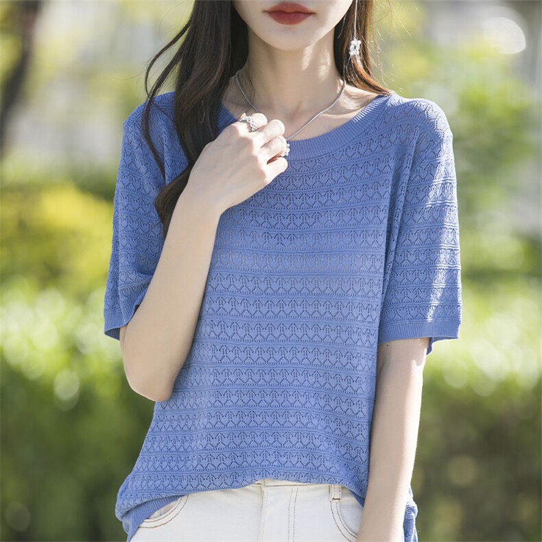 2025新款针织短袖T恤女夏季妈妈装洋气大码圆领宽松遮肚针织上衣,女装T恤,萱芳婷羊绒