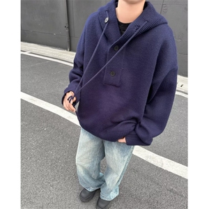 慵懒氛围感半开衫连帽毛衣男秋冬宽松休闲套头针织衫上衣M6041图片