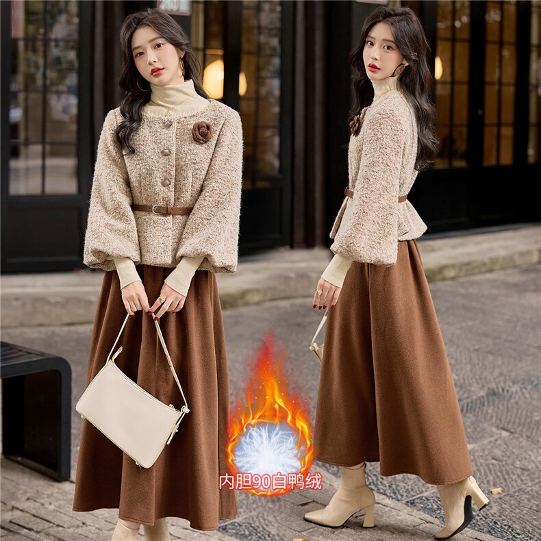 小香风套装女秋冬2025新款bao款气质富家千金套装裙显瘦90羽绒服，女装套装/套裙，小九月