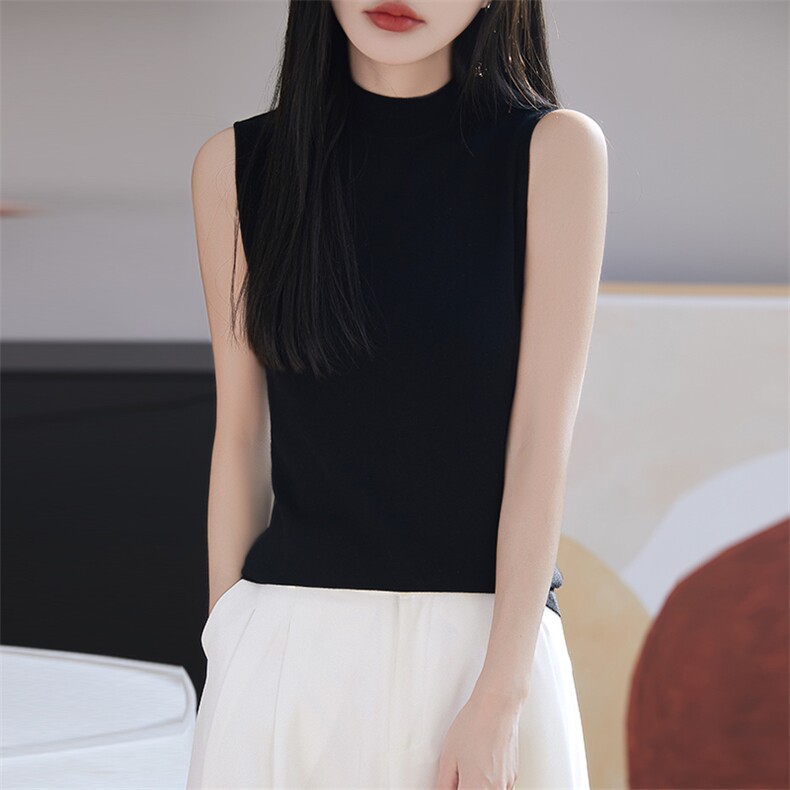 新款简约气质纯色丝光纯毛修身半高无袖针织衫，女装羊毛衫，朝思羊绒