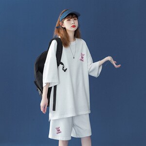 中性 2023夏季小熊印花圆领宽松短袖运动风T恤套装 TZ44 P50控68图片