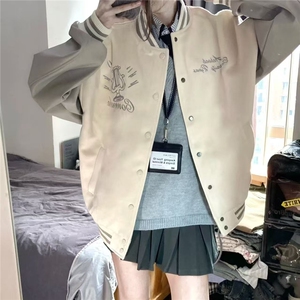 秋冬新款美式复古字母棒球服外套hiphop宽松百搭拼接皮袖情侣夹克图片
