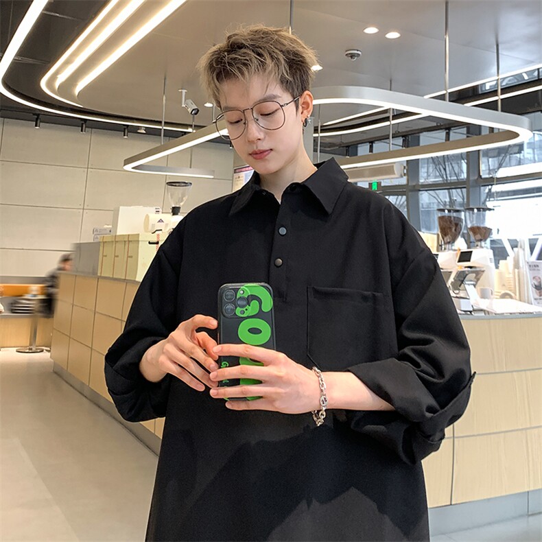 港风大码潮流宽松百搭套头翻领长袖衬衫男XZ213-CS8802-P55控68,男装衬衫,星座213