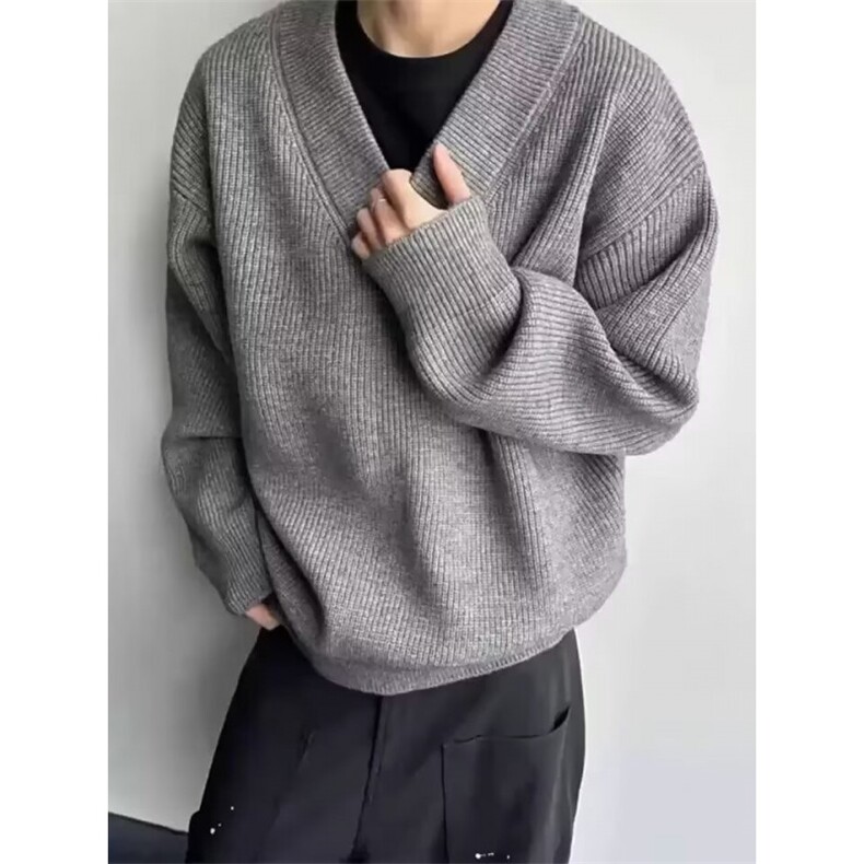 JY301-P50 美式复古休闲慵懒风V领针织衫男纯色外套图片