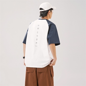 2025夏季新款男装日系潮牌纯棉拼接圆领宽松短袖休闲T恤T882-F44图片