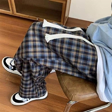 斜纹帆布格子休闲裤hiphop慵懒宽松阔腿裤垂感弯刀拖地裤K998p45，男装休闲裤，电商D315A