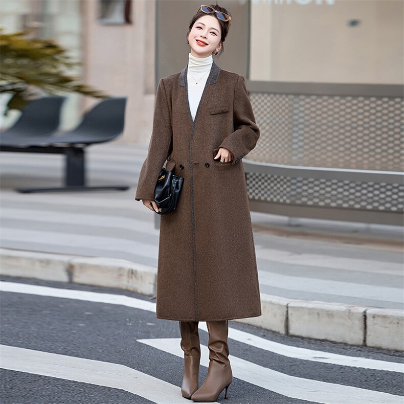【现货主推款】25年冬装新款宽松舒适版型气质拼色羊绒大衣,女装羊绒大衣,尚娜萱