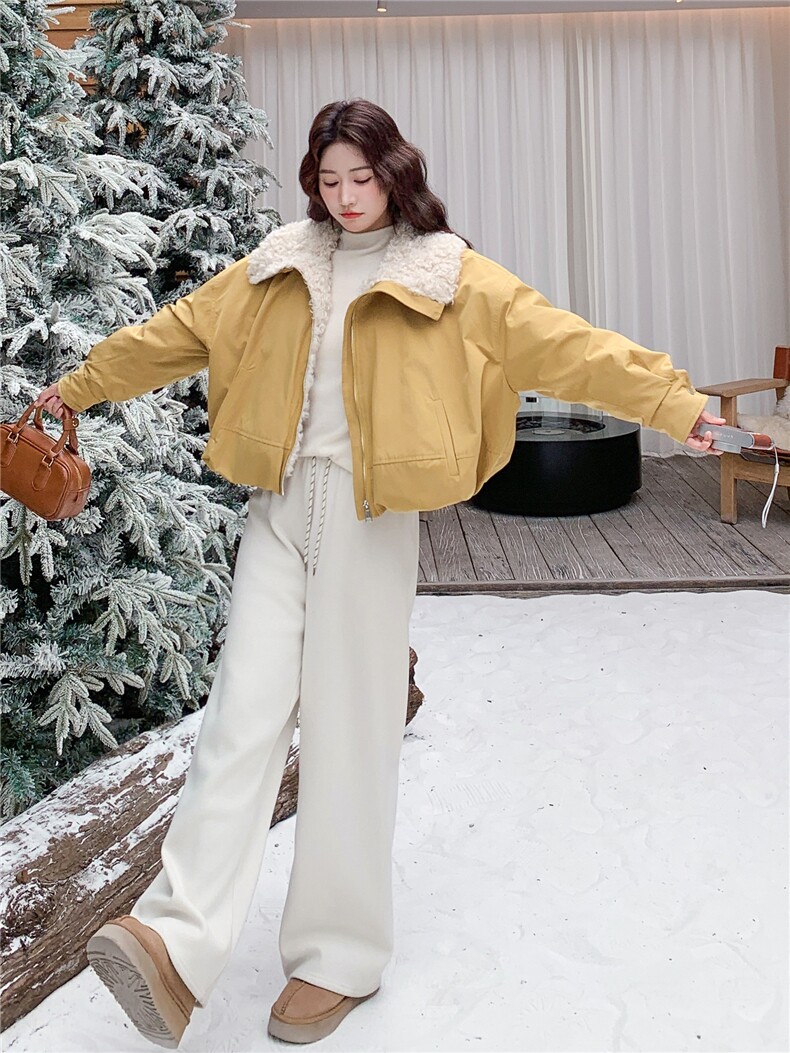 黄色大翻领羊羔毛拼接羽绒服女冬季2025新款小个子短款加厚派克服,女装羽绒服,慧尚依恋