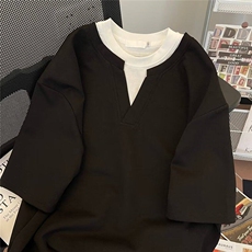 抖音得物高品质版本二开240克宽松纯棉美式高街痞帅假两件短袖T恤，男装T恤，电商A486-1