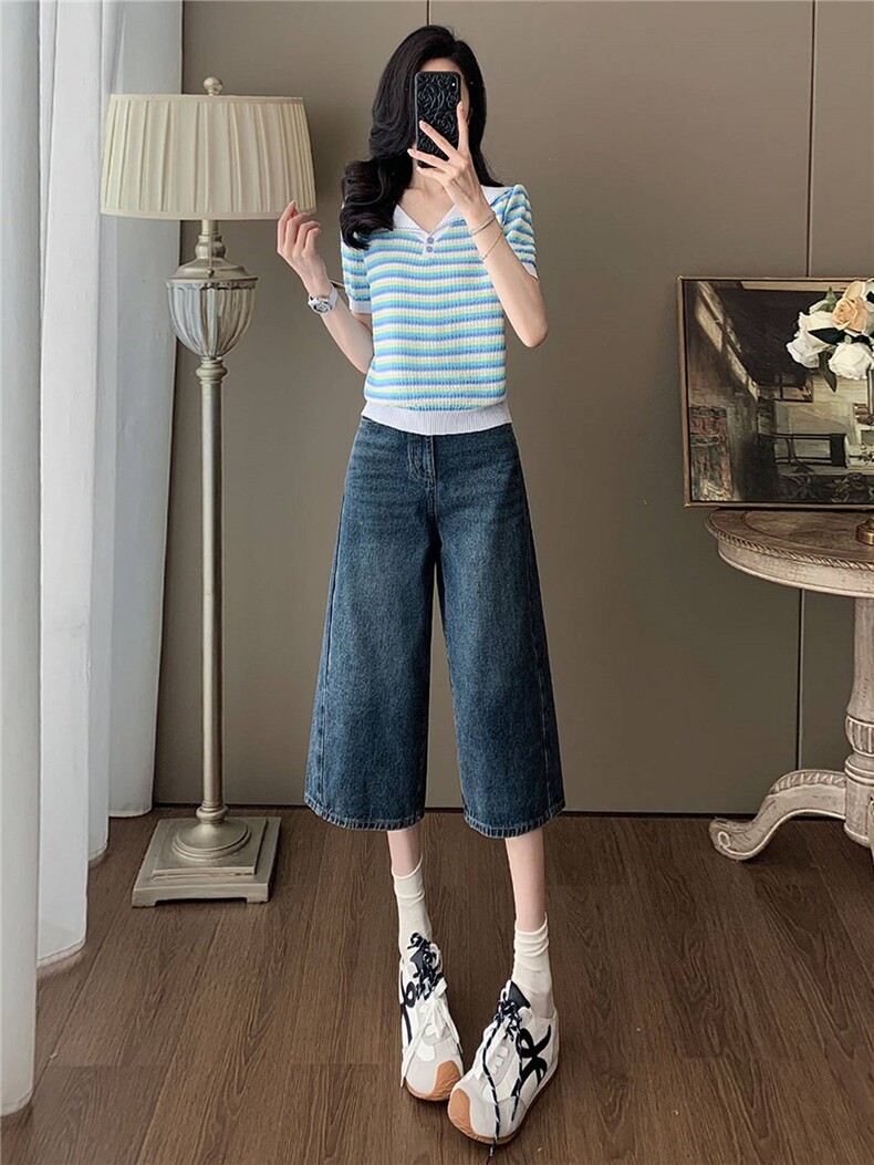 女夏新款时尚套装宽松显瘦娃娃领条纹冰丝短袖上衣牛仔中裤两件套,女装套装/套裙,江南