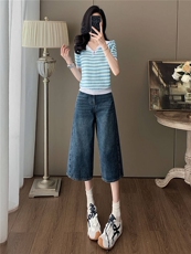 女夏新款时尚套装宽松显瘦娃娃领条纹冰丝短袖上衣牛仔中裤两件套，女装套装/套裙，江南