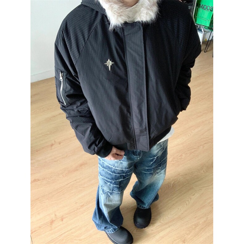 日系复古秋冬潮牌工装连帽夹克男士棉衣休闲百搭纯色棉服外套,男装夹克,四季星座505