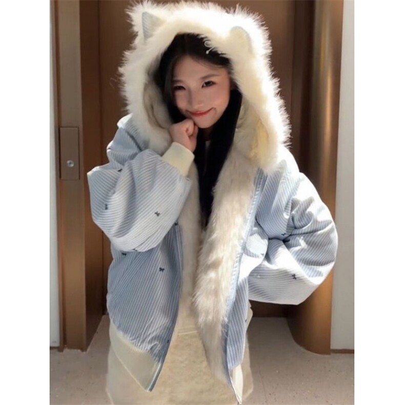 甜美毛绒绒猫耳朵棉服女冬季双面穿座山雕学院风棉衣外套M3623,男装棉衣,星座1116A（原606A-3）