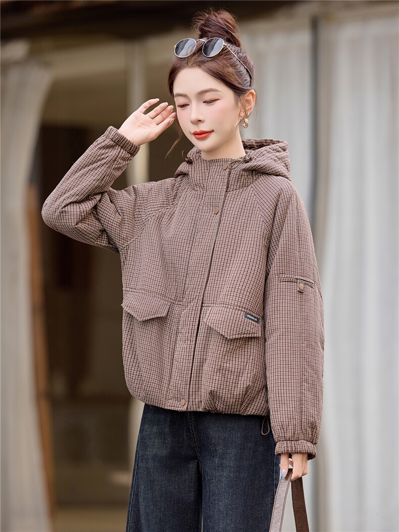 连帽格子棉衣女保暖休闲洋气棉服宽松减龄时尚夹棉外套,女装棉衣/棉服,余墨