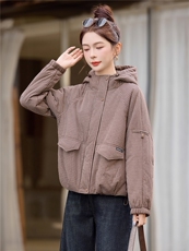 连帽格子棉衣女保暖休闲洋气棉服宽松减龄时尚夹棉外套，女装棉衣/棉服，余墨