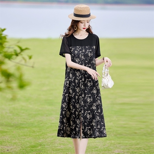 复古印花拼接连衣裙女2025夏新款时尚显瘦宽松休闲慵懒风T恤裙子图片
