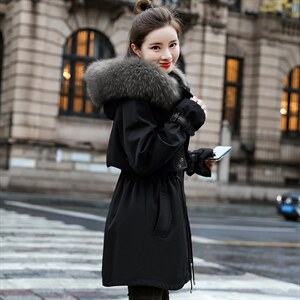 棉衣/棉服2023新款冬仿羊羔毛中长款工装带帽派克服女外套配毛领图片