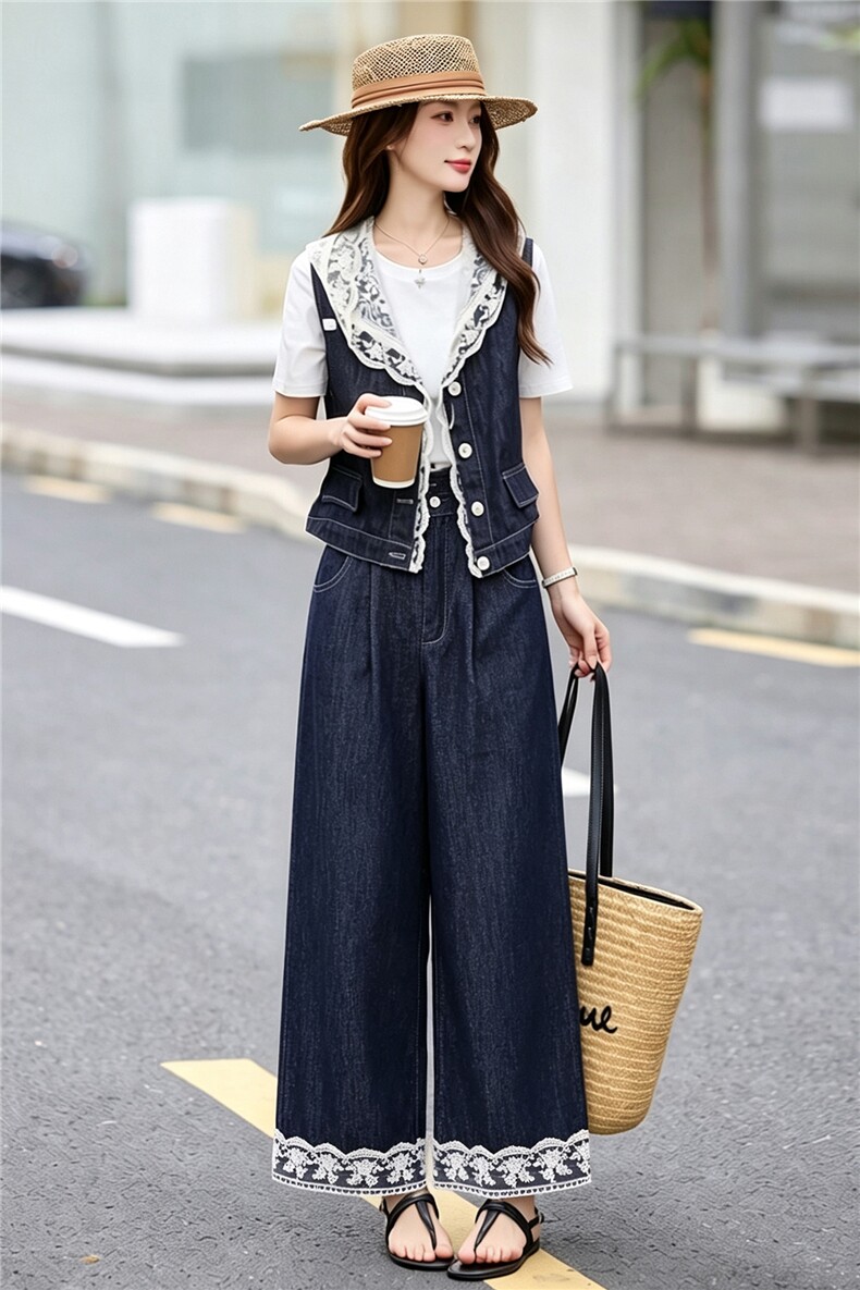 现货牛仔套装女2026夏季新款高级感韩里韩气蕾丝马甲阔腿裤穿搭,女装套装/套裙,艾仟回(原伊仟回)