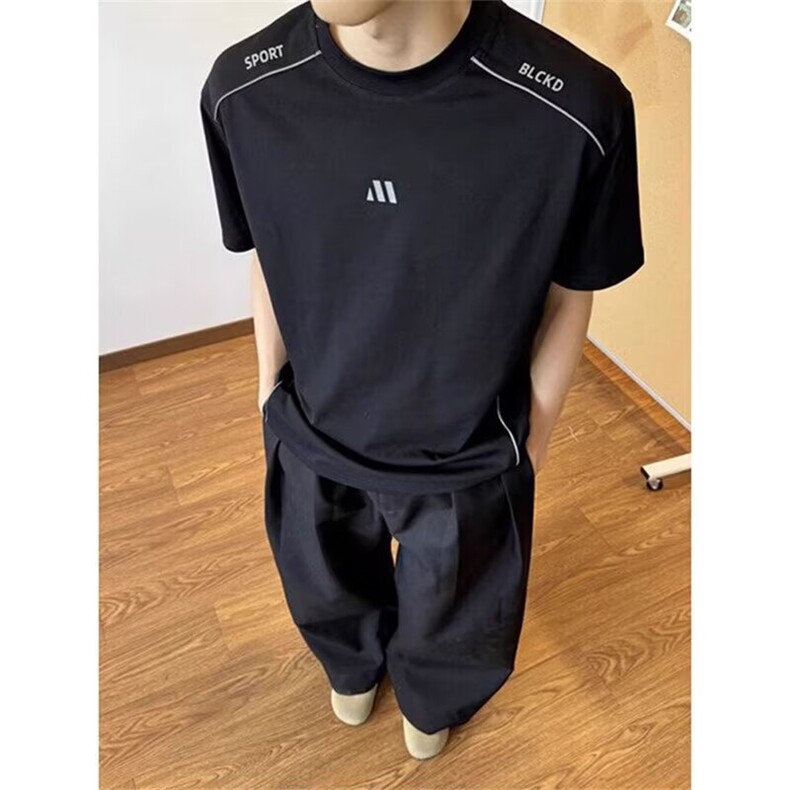 藏青色凉感索罗娜t恤男夏季健身运动速干短袖解构拼接插肩五分袖，男装T恤，星座506A