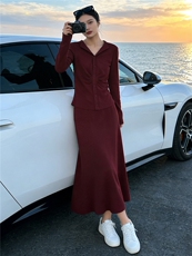 欧货休闲时尚套装裙女春款设计感修身褶皱长袖上衣半身长裙两件套，女装套装/套裙，江南