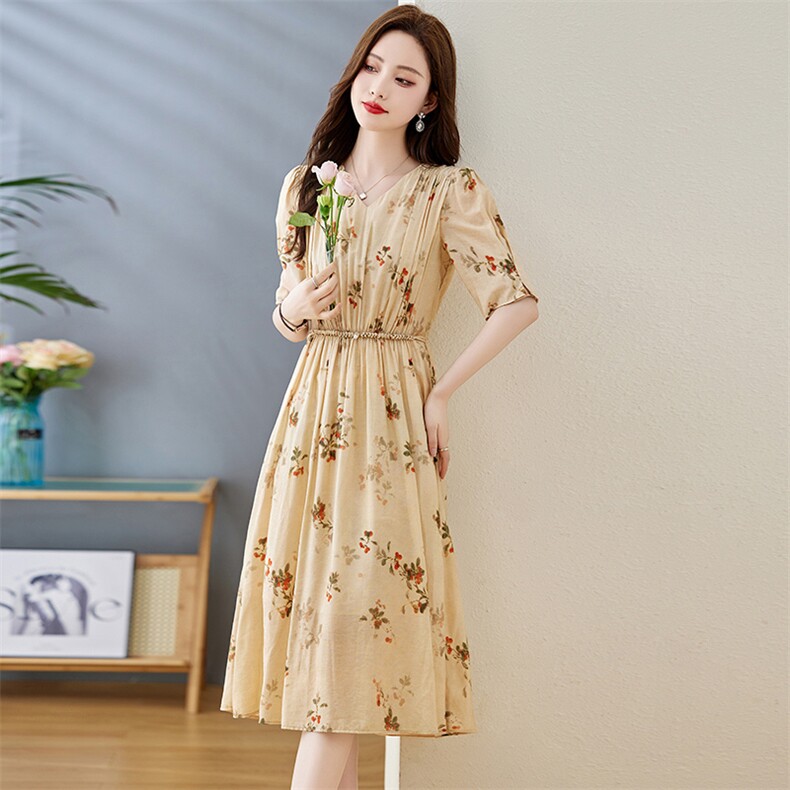 《现货新品》子母条气质舒适印花连衣裙,女装连衣裙,魅丽静蓝