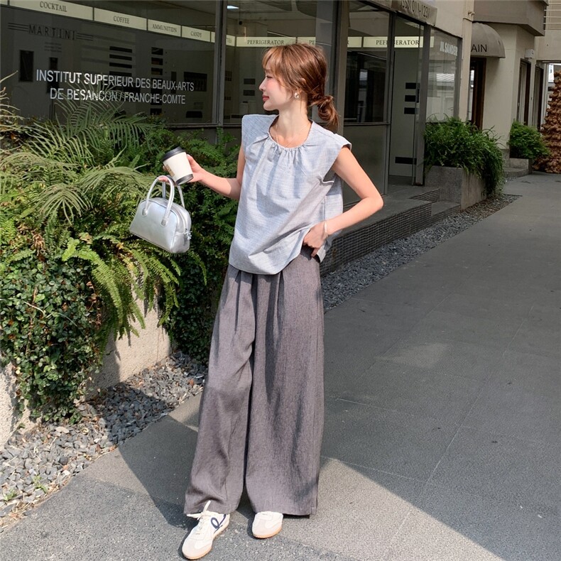 条纹飞袖上衣休闲裤套装2025新款女夏季韩系高级感流行ootd一整套图片