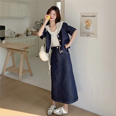 甜美蕾丝牛仔半身裙套装女夏2025新款宽松显瘦独特漂亮百搭两件套，女装套装/套裙，2C012
