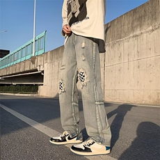 欧美高街hiphop做旧牛仔裤男破洞补丁痞帅修身裤子ins潮N3278-p45，男装牛仔裤，星座1008