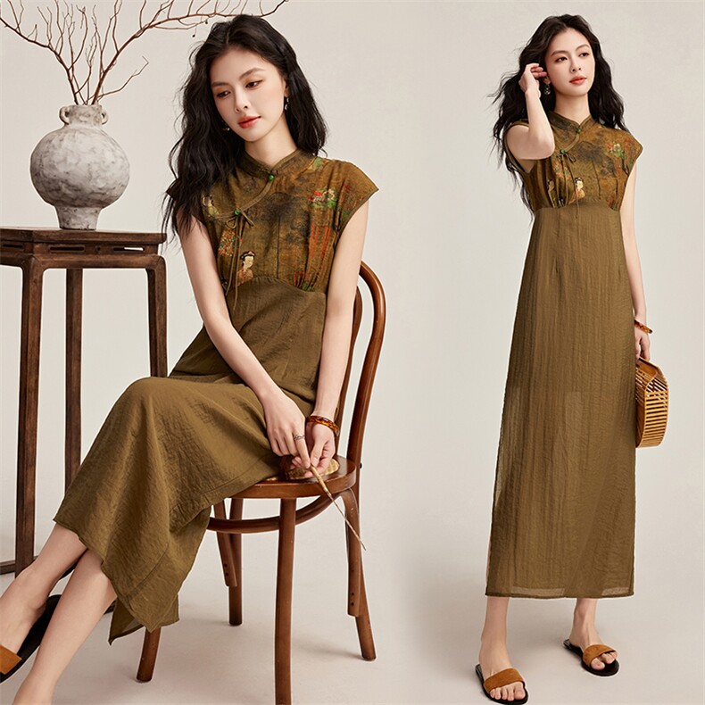 现货新中式改良旗袍连衣裙2025新款女夏季高端气质修身开叉中国风裙子，女装套装/套裙，央宝儿