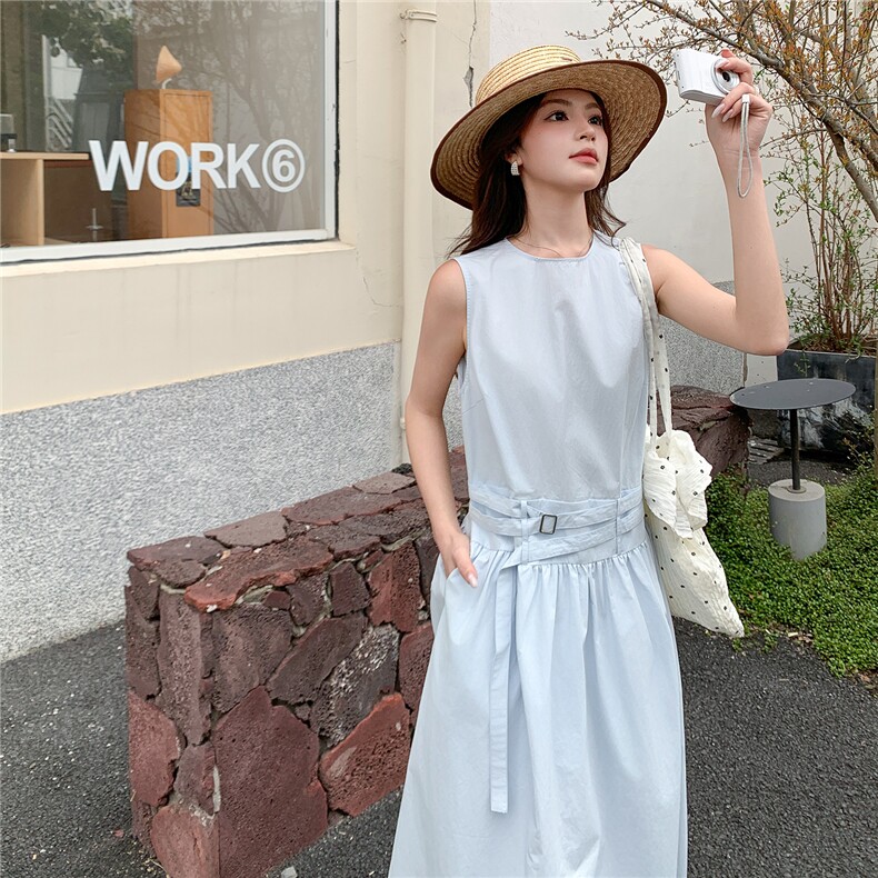 《现货26夏上新》清新蓝色宽松休闲遮肉遮胯无袖连衣裙女,女装连衣裙,苗苗