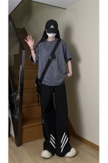 港风大码日系复古麂皮绒宽松套头圆领短袖T恤XZ213-T062-P35控48，男装T恤，星座213