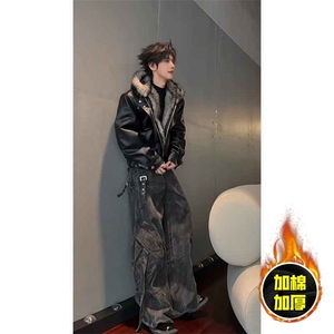 现货冬季美式潮牌痞帅PU皮机车服棉衣毛毛绒狼王座山雕皮棉服图片