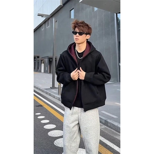 重磅高品质硬挺boxy26春装美式高街结构撞色拼接连帽卫衣开衫外套图片